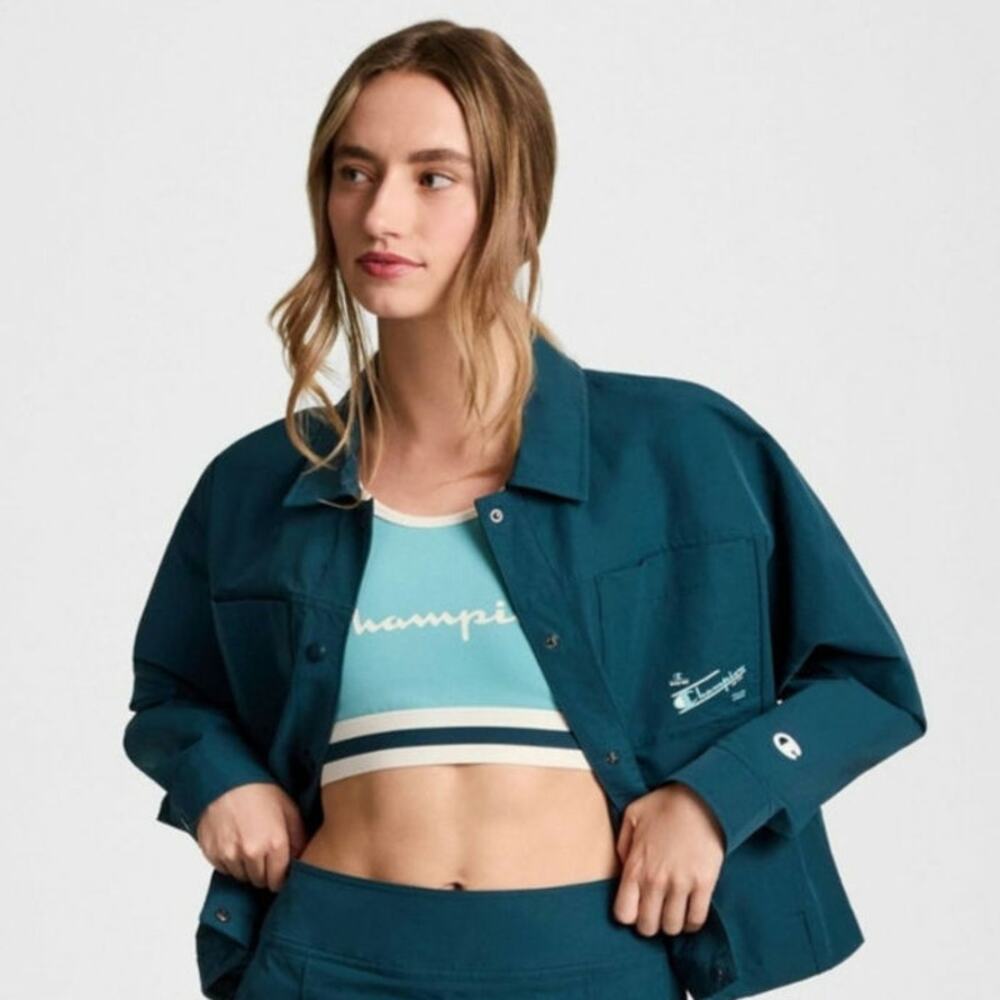 Champion Women's Snap Front Top Jacket Layer Retro Courtside Athleisure Teal XL